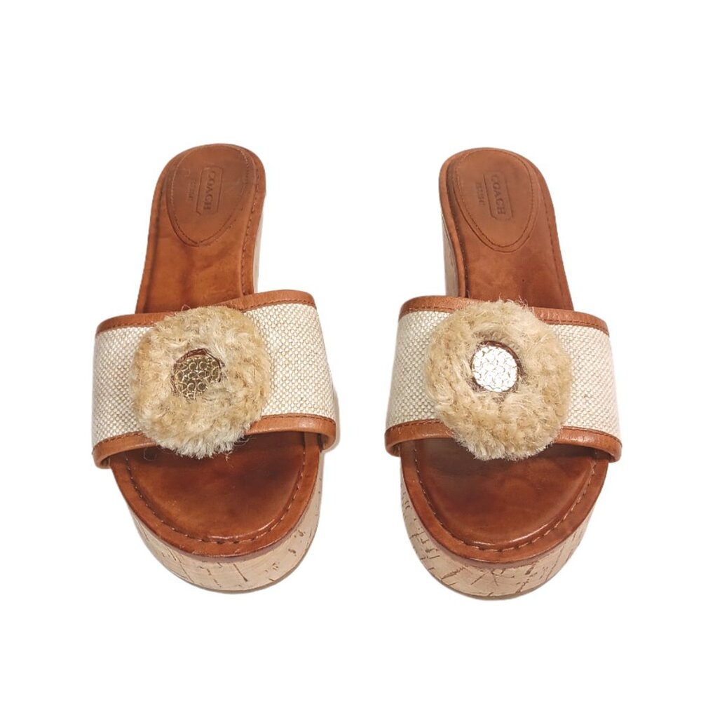 Coach Mule Sandals Womens 8 Tan Canvas Leather Trim Shearling Wedge Sandals - Picture 2 of 6